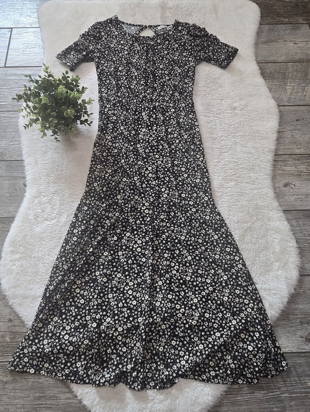 Stradivarius Black & WHite Ditsy Floral Coquette Cottagecore Long Dress, M